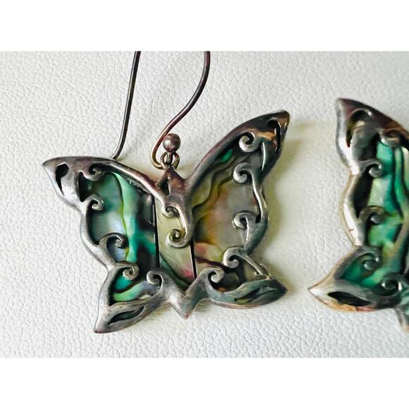 Vintage Sterling Silver Butterfly Earrings Abalone Inlay Dangle 925 CFJ Thai - Picture 4 of 10